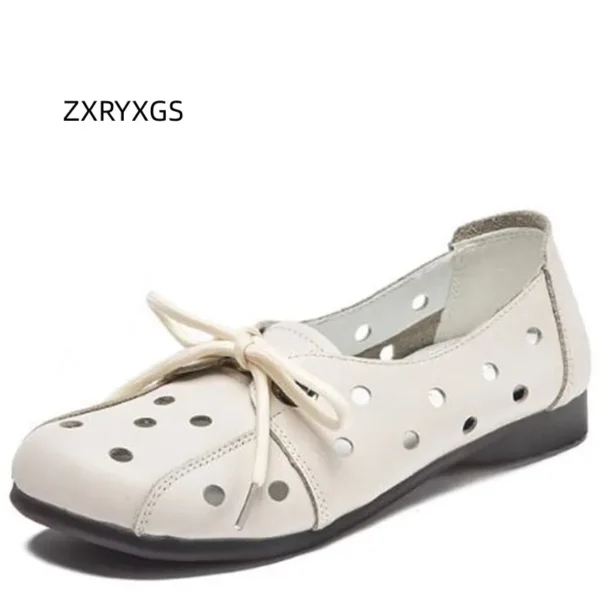 ZXRYXGS 2023 Summer Genuine Leather Hole Shoes Flat Soft Sole Comfort Breathable Leather Sandals Women Non-slip Roman Sandals