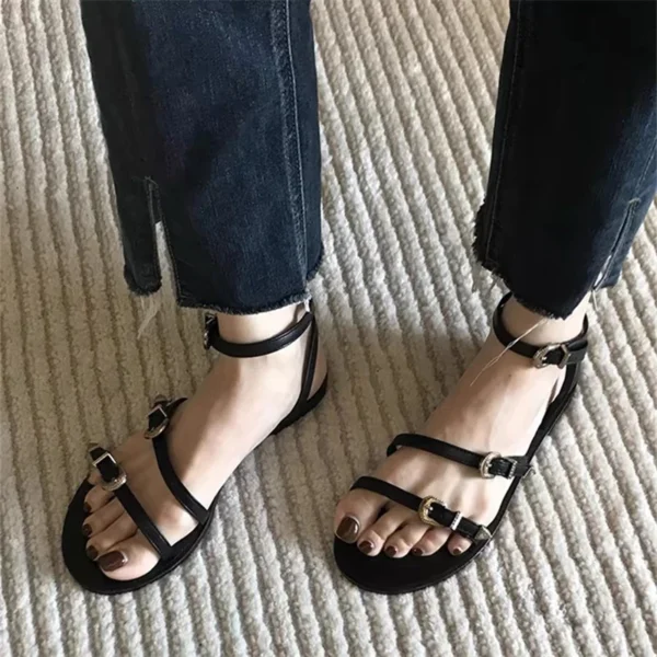 2024 Black Round Toe Ladies Sandals Buckle Strap Design Women Shoes Hand-made Fashion Flat Rome Beach Shoes Sandalias De Mujer