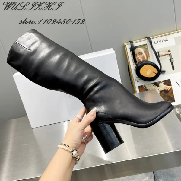 Black Leather 8Cm Tabi Booties Women Heels Side Zipper Brown Stretch Boots 5Cm Round Heel Casual Shoes Spring Elegant British - Image 3