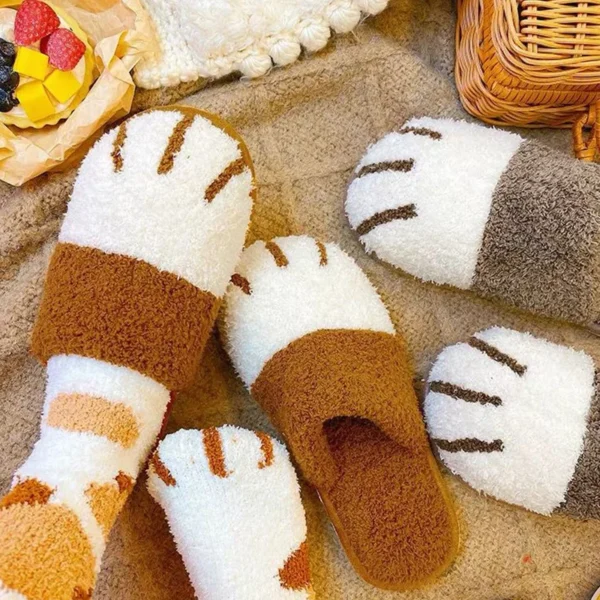 Comwarm Winter Warm Plush Slippers Cute Cat Paw Designer House Women Fur Slippers Floor Mute Bedroom Lovers Indoor Fluffy Shoes - Image 5