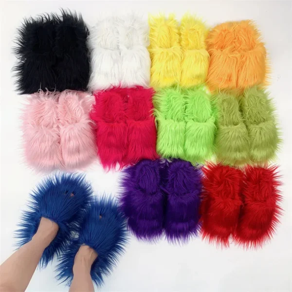 Faux Fur Slippers 2023 Women Winter Plush Warm Home Flat Slides Mongolian Wool Flip Flops Y2K Girls Furry Shoes Cute Slippers - Image 4