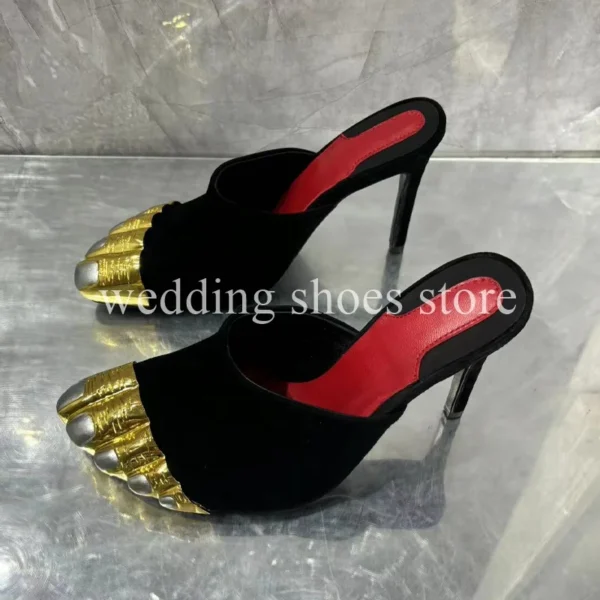 DIY Golden Five Toes Runway Look Half Head Slipper High-Heel Wedding Genuine Leather Summer Party Stiletto Heel Women Shoes - Image 5