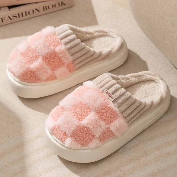 Fashion Couple Winter Toe Wrap Warm Plaid Cotton Slippers Thick Soft Sole Slides Men Women Indoor Floor Flat Home Non-slip Shoes - Image 11