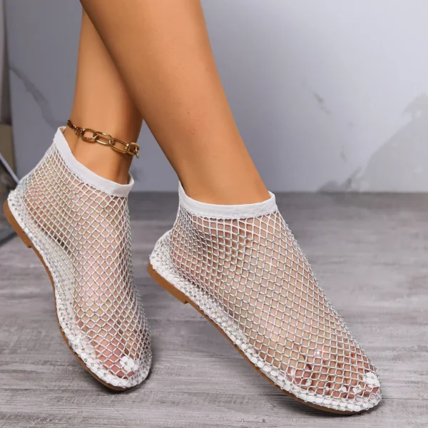 Women's New Luxury Brand Round Toe Flat Bottom Sandals Hollow Short Boots Water Diamond Sexy Flat Bottom Shoes - Image 10