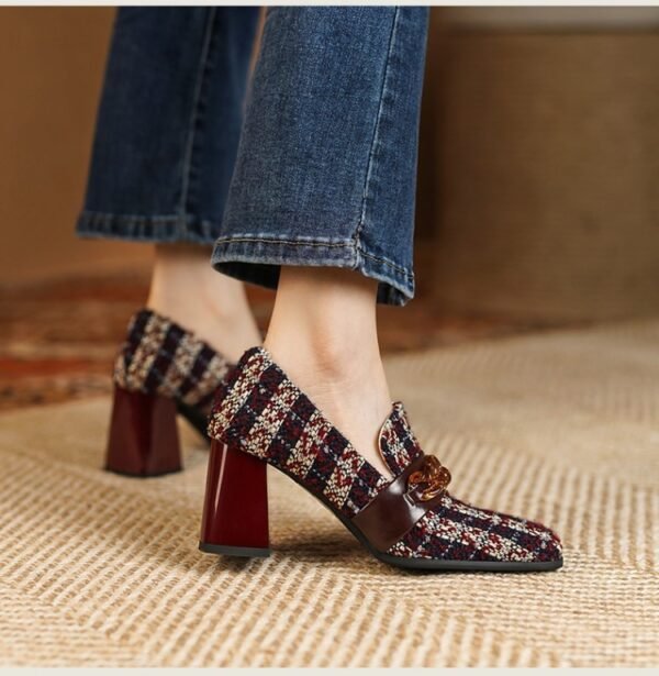 Women's Retro Square Toe Plaid High Heels - Image 4