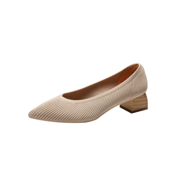 Wood Grain Thick Heel Pointed Breathable Casual Pumps - Image 3