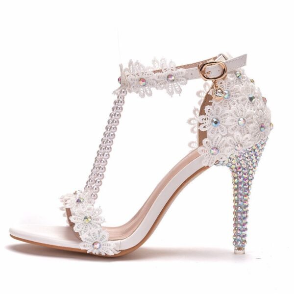 Beaded Lace Floral Rhinestone Slip-On Sandals - Image 5