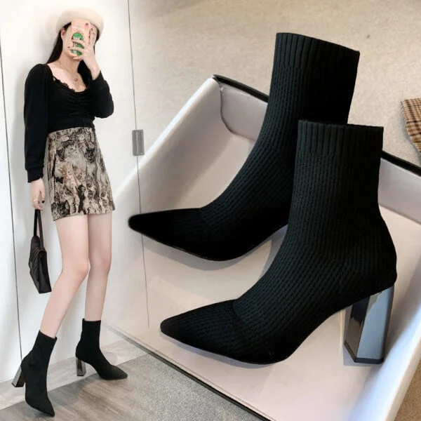 Women's Pointed Toe Chunky High Heels Socks Boots - Image 4