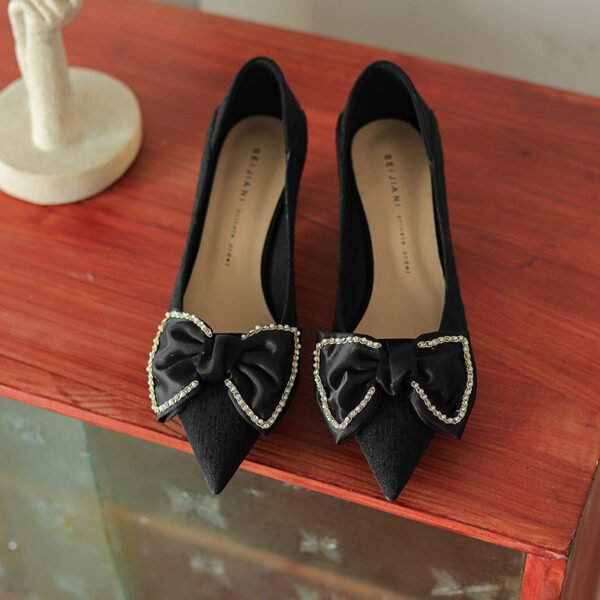 Women's Pointed Toe Chunky Heel Shoes With Rhinestone Bow High Heels - Image 8