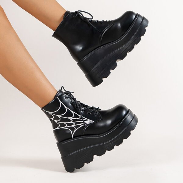 Black Martin Boots Fashion Spider Web Print Shoes Chunky Heel Boots For Women - Image 4