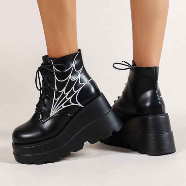 Black Martin Boots Fashion Spider Web Print Shoes Chunky Heel Boots For Women - Image 3