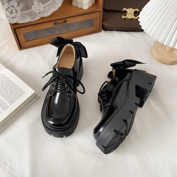 Women's Platform Platform Lace-Up Black Leather Shoes - Image 5