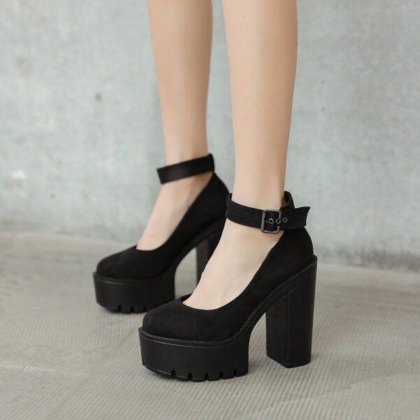 Black Platform Belt Buckle Chunky High Heels - Image 4