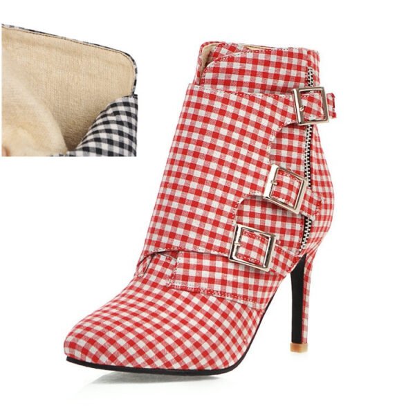 Women's Plaid Short High Heels Knight Boots - Image 4