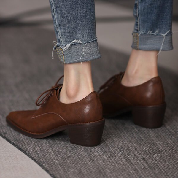 Women's Mid Heel Brown Deep Mouth Leather Pointed Toe Work Shoes - Image 2