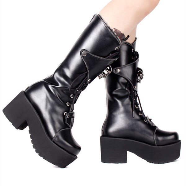 Zipper Studded Skull Punk Thick-soled High Boots - Image 5