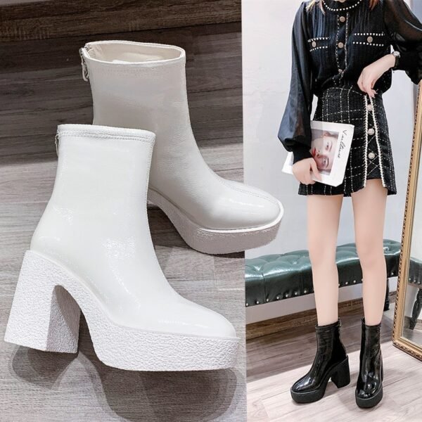 Women's Patent Leather Waterproof Platform Thick High Heel Back Zipper Short Boots - Image 8