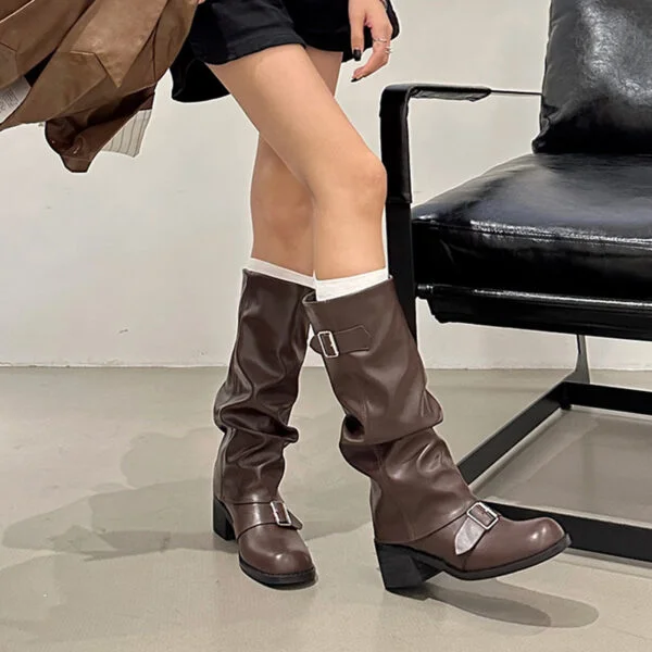 Below The Knee Long Boots Female Chunky Heel Round Head - Image 3