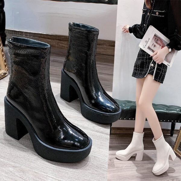 Women's Patent Leather Waterproof Platform Thick High Heel Back Zipper Short Boots - Image 9