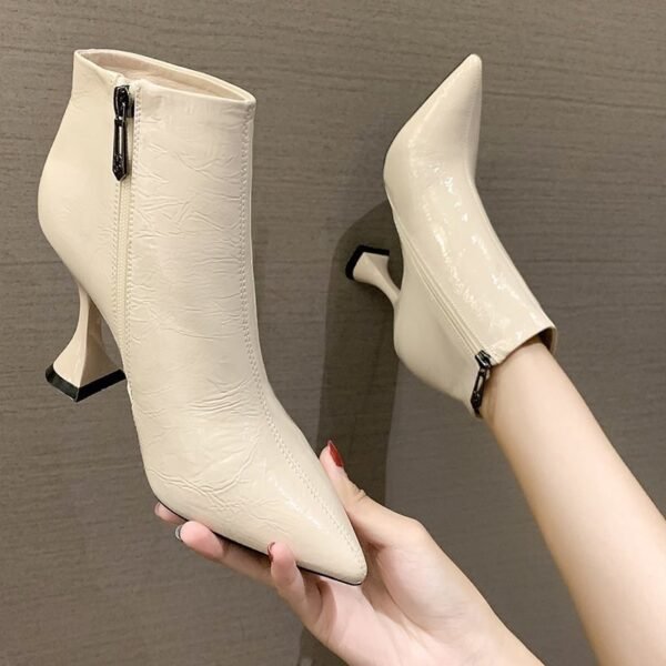 Women's Fleece Pointed Toe Patent Leather Slim Martin Boots - Image 4