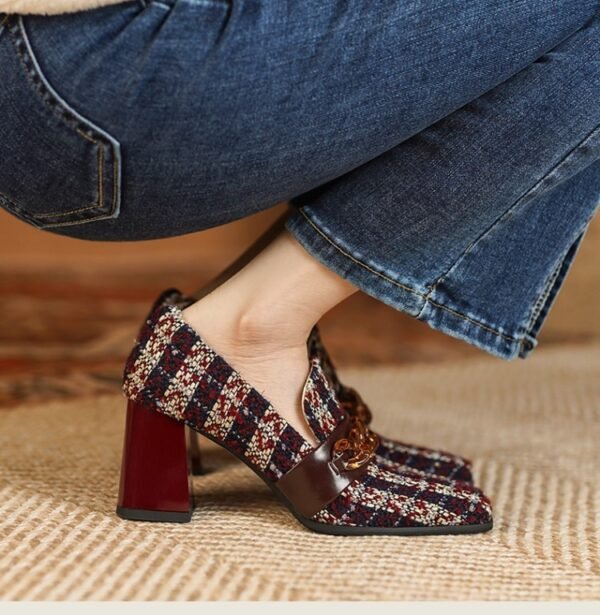 Women's Retro Square Toe Plaid High Heels - Image 2