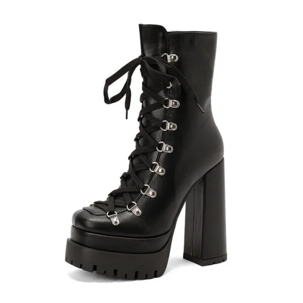 Women's Waterproof Platform Front Lace-up Round Toe Thick Heeled Short Boots - Image 6