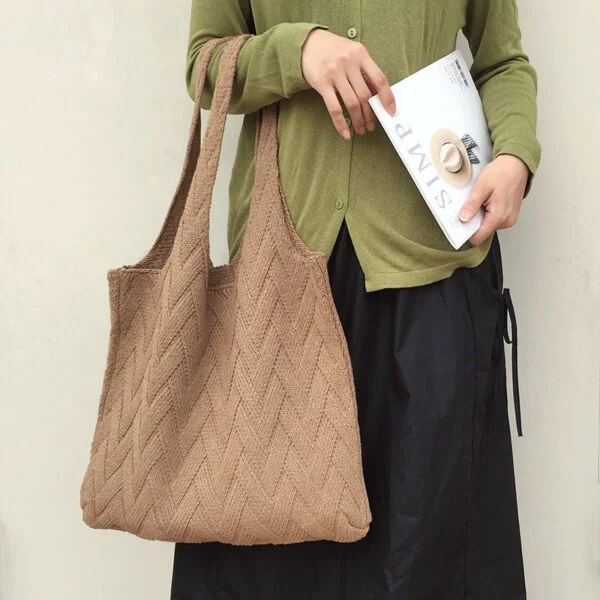 Avocado Green Knit Tote One-Shoulder Sweater Bag