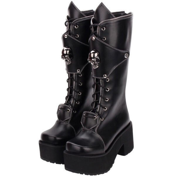 Zipper Studded Skull Punk Thick-soled High Boots - Image 4