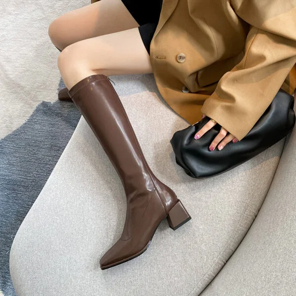 Women's Long Boots With Thick Heels And Square Head Show Thin Tall Thick Legs Elastic Large Circumference - Image 7