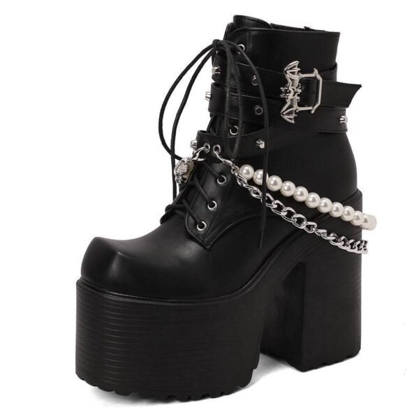 Belt Buckle Beaded Chain Women's Leather Boots - Image 5