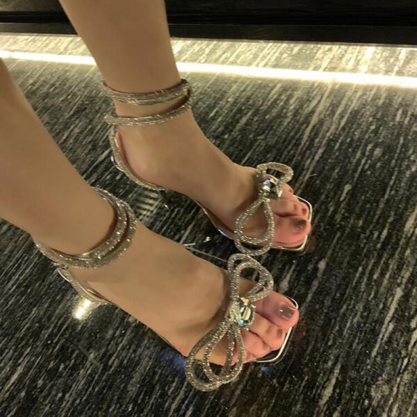 Ankle Strap Stiletto Rhinestone Bow Transparent Shoes - Image 5