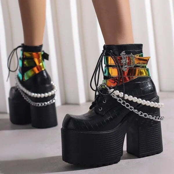 Belt Buckle Beaded Chain Women's Leather Boots - Image 3