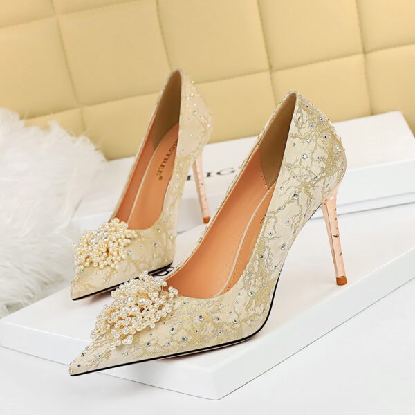 Women's High Heel Pointed Toe Pearl Flower Rhinestone Shoes - Image 2