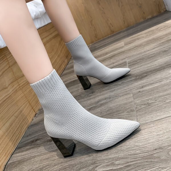 Women's Pointed Toe Chunky High Heels Socks Boots - Image 6