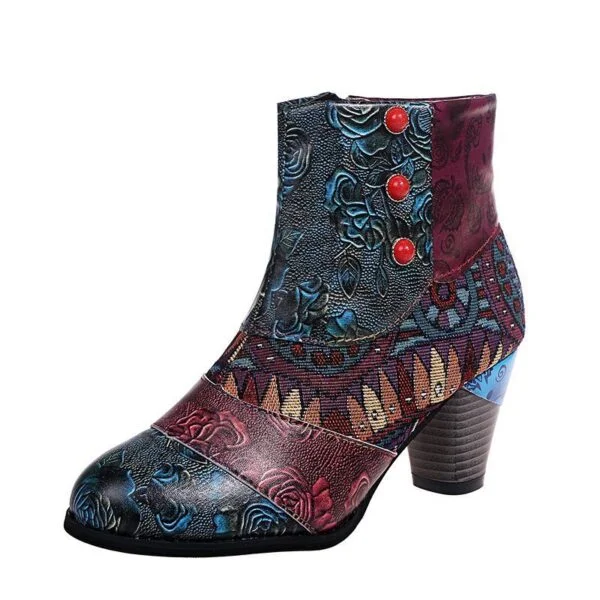 Bohemian Women's Ethnic Style Retro Stitching High-heeled Ankle Boots - Image 8