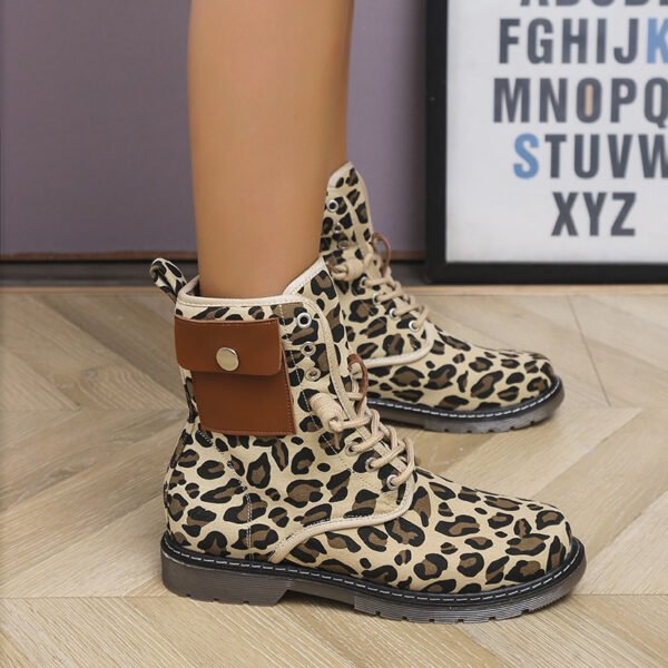 Autumn And Winter Low-heeled Lace-up Leopard Print Fleece Snow Boots - Image 2