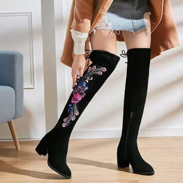 Women's Long Pointed Toe Thick-heeled Suede Boots - Image 4