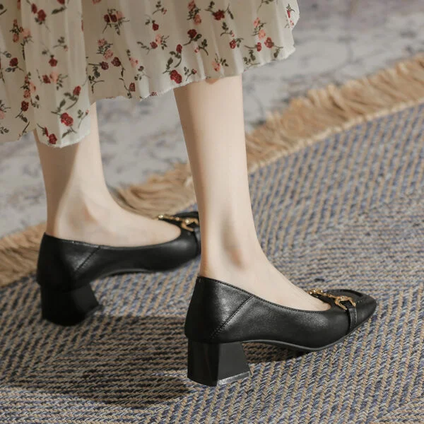 Authentic Leather High Heels Square Toe Chunky Heel High Heels Gentle Elegant - Image 3