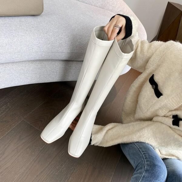 Women's Long Boots With Thick Heels And Square Head Show Thin Tall Thick Legs Elastic Large Circumference - Image 2