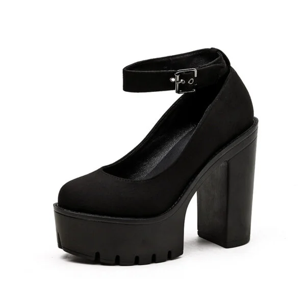 Black Platform Belt Buckle Chunky High Heels - Image 5