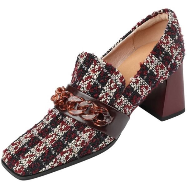 Women's Retro Square Toe Plaid High Heels - Image 6