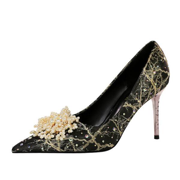 Women's High Heel Pointed Toe Pearl Flower Rhinestone Shoes - Image 4