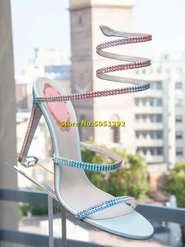 Crystal Twine Sandals Stiletto Heel Ankle Wrap Strappy Rhinestone Mixed Color Fashion Summer Women Shoes High Heel Top Quality