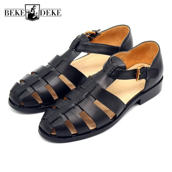 2022 Men Gladiator Sandals Genuine Leather Handmade Vintage Solid Black Street Sandals Summer Shoes British Buckle Flat Sandals