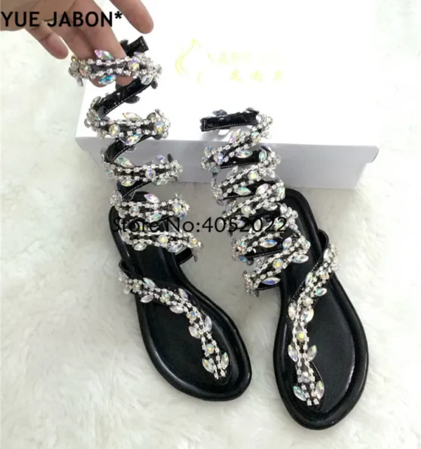 YUE JABON Plus size 43 Luxurious gladiator women Flat Sandals Snake Punk Rhinestone Flat Heel Women Sandals Wedding Party shoes - Image 4