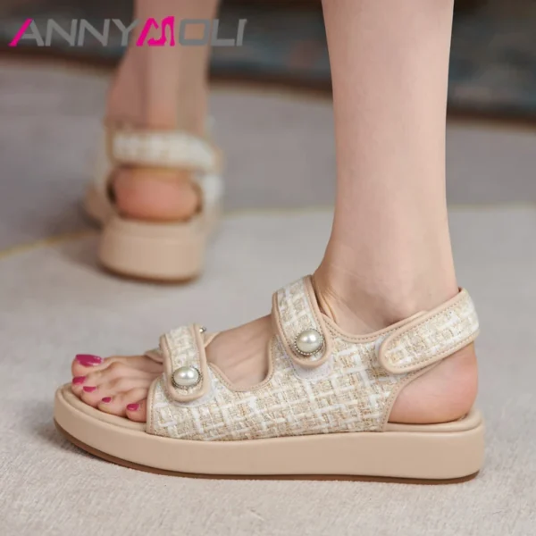 ANNYMOLI Women Shoes Flat Sandals Square Toe Ladies Footwear Summer Apricot White Size 34-39 Fashion Sandals Shoes 2021 New