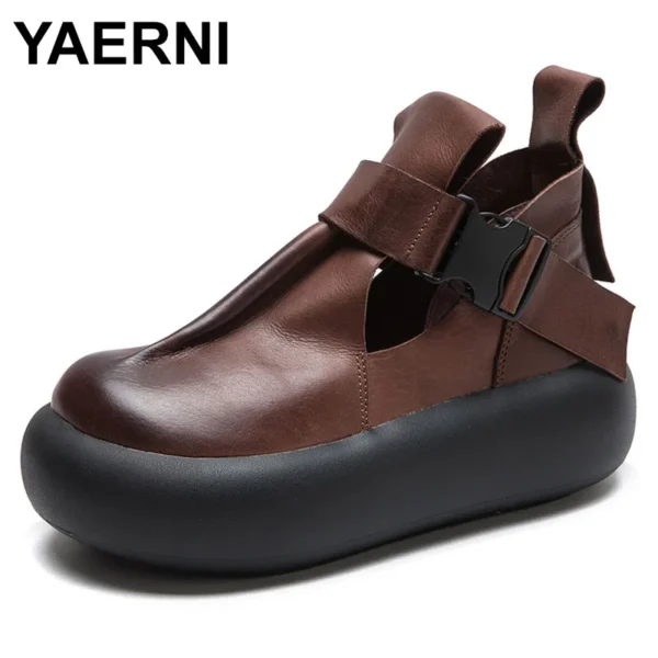 5cm Women Ankle Booties Genuine Leather Mary Jane Ethnic Platform Wedge Summer Fashion Luxury Round Spring Autumn Shoes