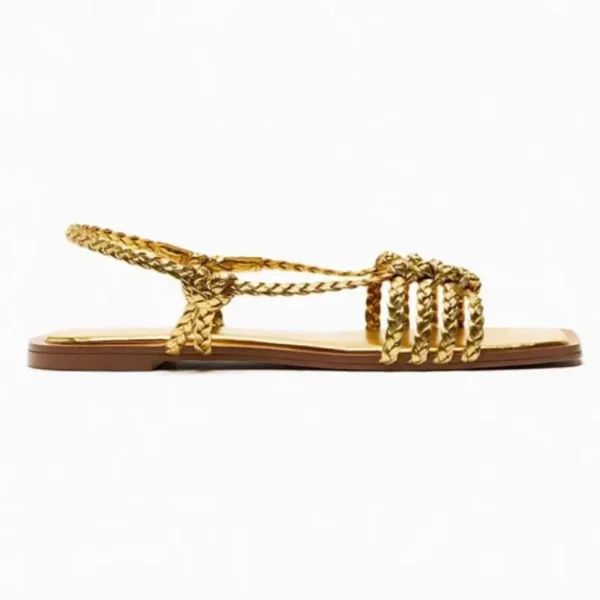 2024 Summer Flats Sandals Women French Style Handmade Knitted Golden Roman Sandal Women's Bohemian Flat Shoes Sandalias Mujer - Image 4