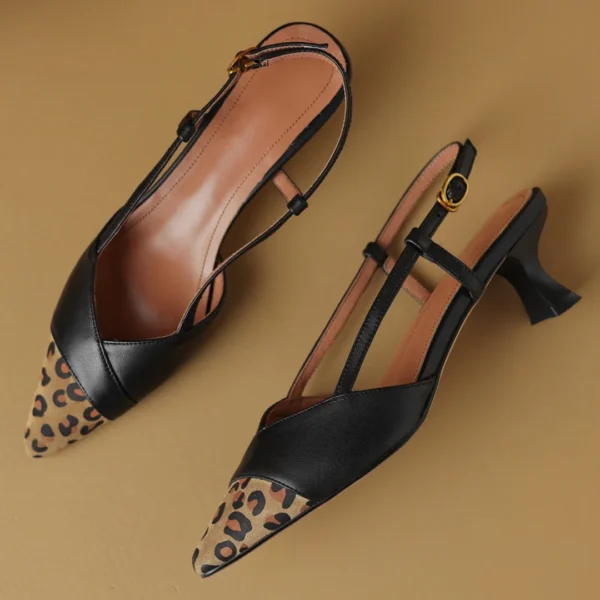 Women's genuine leather mix color patchwork pointed toe slingback pumps elegant ladies kitten heel daily dress sandals shoes hot - Image 2