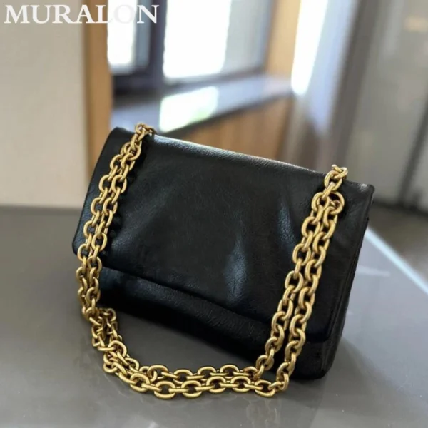 2024 New Cowhide Shoulder Bag Fashion Women High Quality Soft Genuine Leather Pleated Chain Underarm Bag Feather Commuter Totes - Image 3